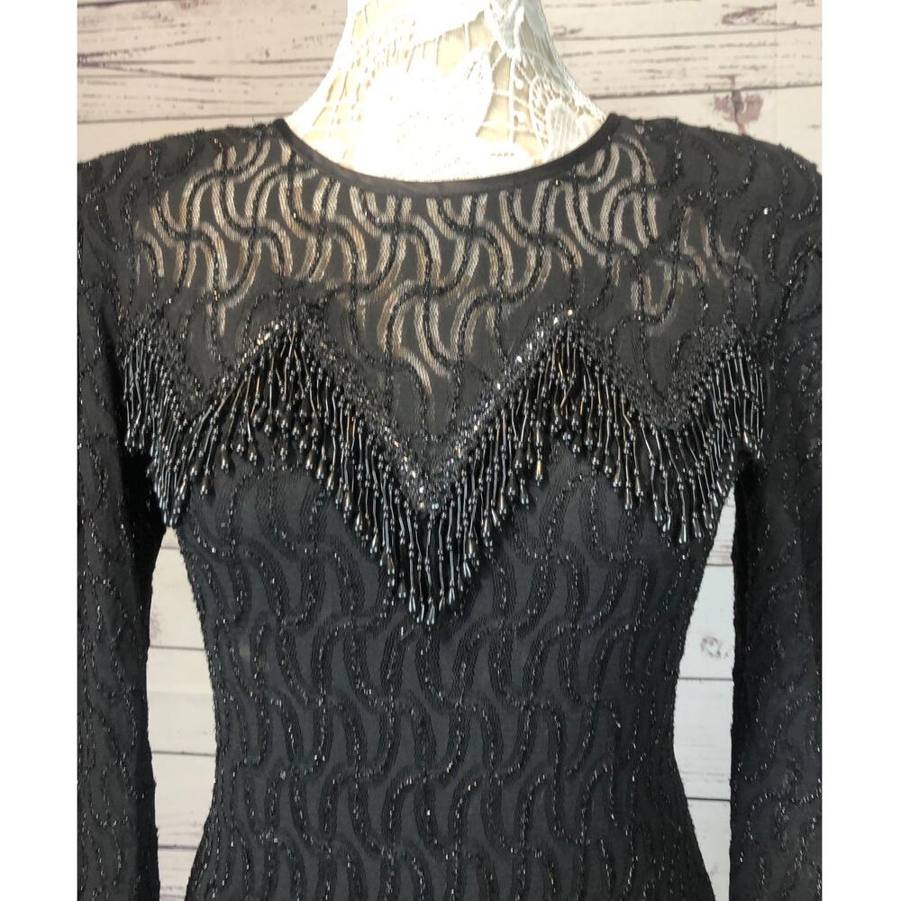 1990s Legends Fashion Beaded Fringe Cocktail Dress Black Mesh Wiggle Small